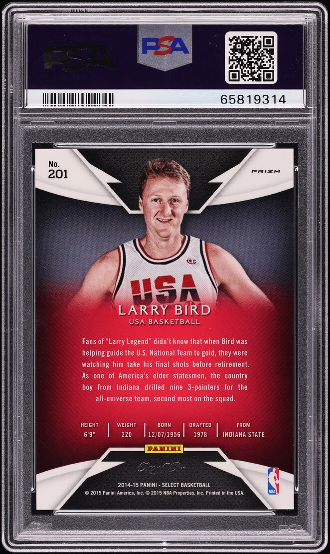 2014 Select Black Prizm Larry Bird 1/1 #201 PSA 9 MINT - Photo 2