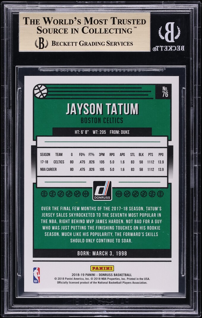 2018 Donruss Press Proof Black Laser Jayson Tatum 1/1 #76 BGS 9.5 GEM MINT - Photo 2
