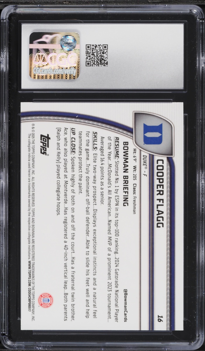 2024 Bowman Chrome University Cooper Flagg ROOKIE #16 CGC 8 NM-MT