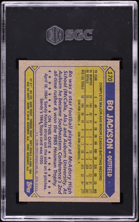1987 Topps Bo Jackson ROOKIE #170 SGC 8.5 NM-MT+