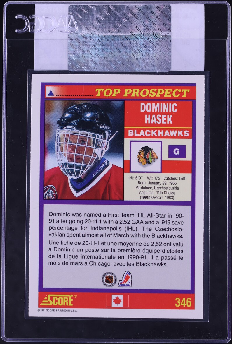1991 Score Canadian Bilingual Dominik Hasek ROOKIE #346 CGC AUTH
