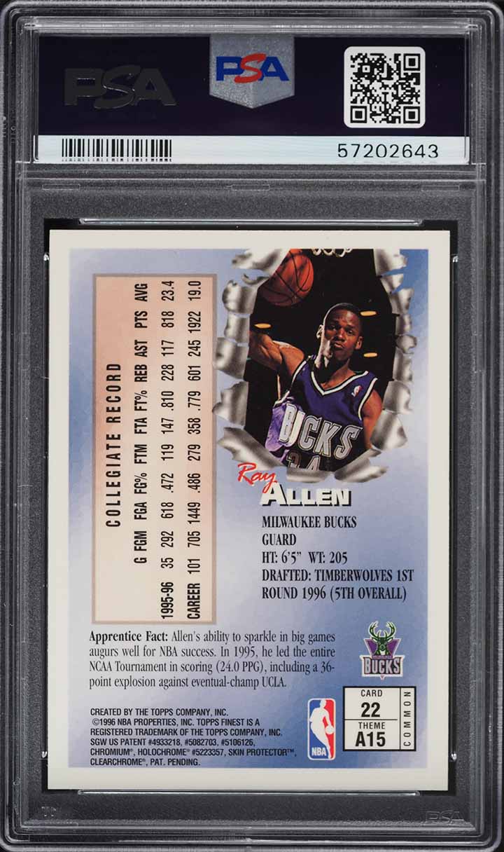 1996 Finest Basketball w/ Coating Ray Allen ROOKIE #22 PSA 8 NM-MT