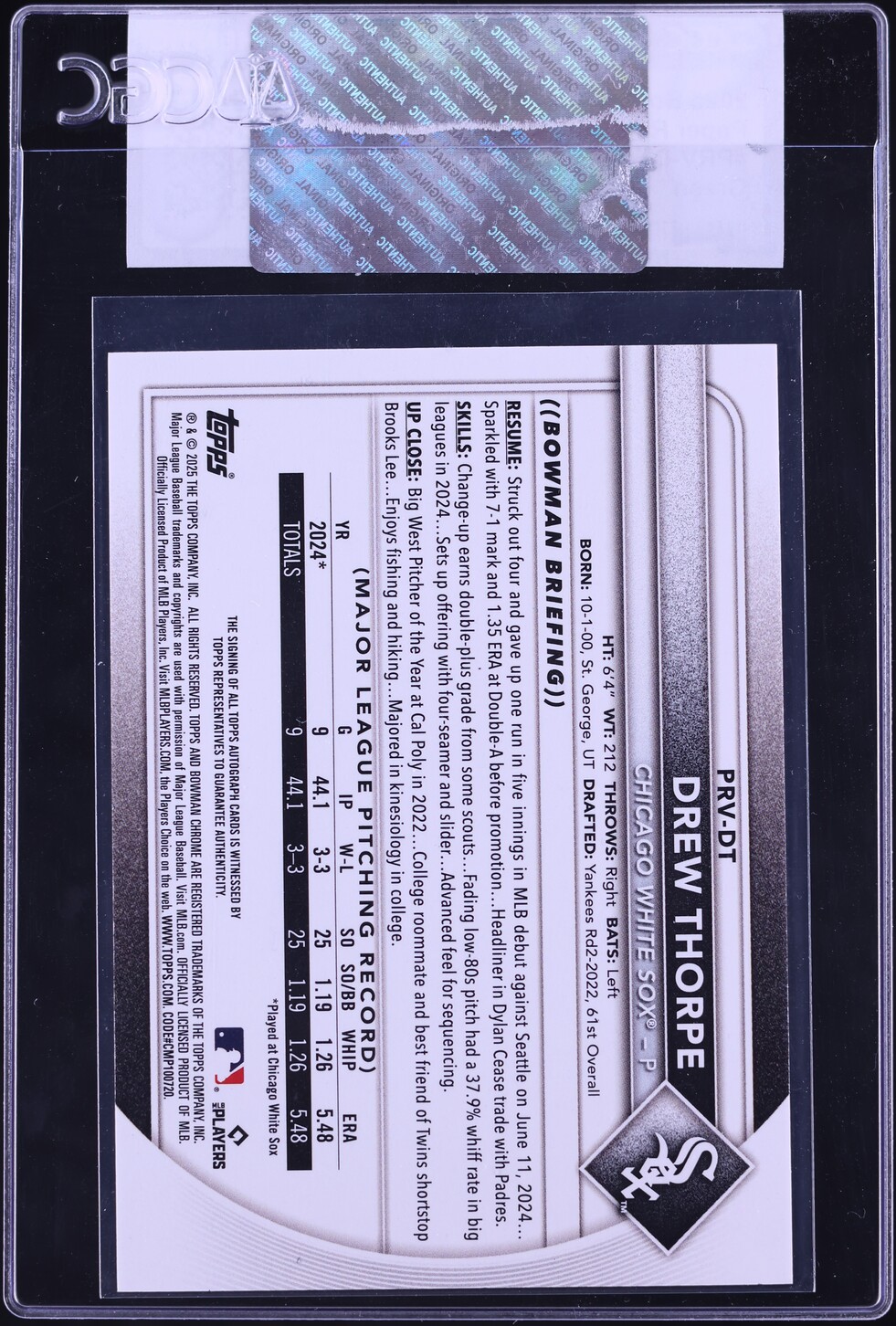 2025 Bowman Paper Rookies & Veterans Green Drew Thorpe ROOKIE AUTO /99 CGC AUTH