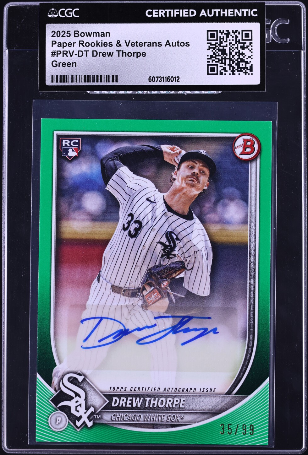 2025 Bowman Paper Rookies & Veterans Green Drew Thorpe ROOKIE AUTO /99 CGC AUTH