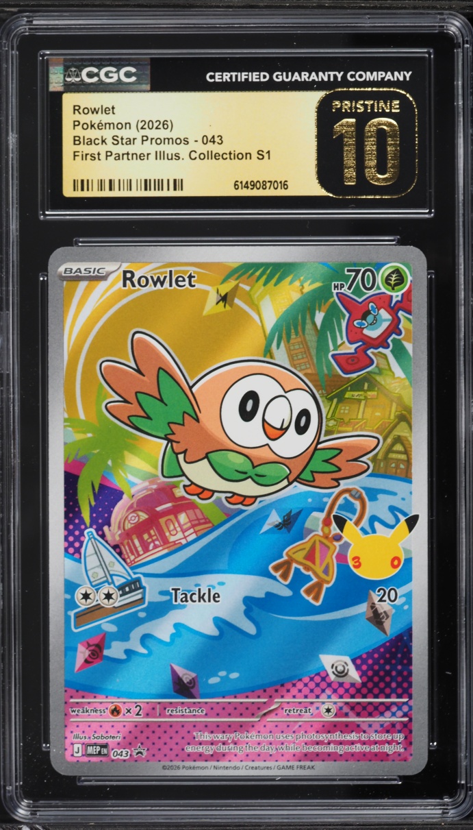 2026 Pokemon Mega Evolution Promo First Partner Illustration S1 Full Art Rowlet #43 CGC 10