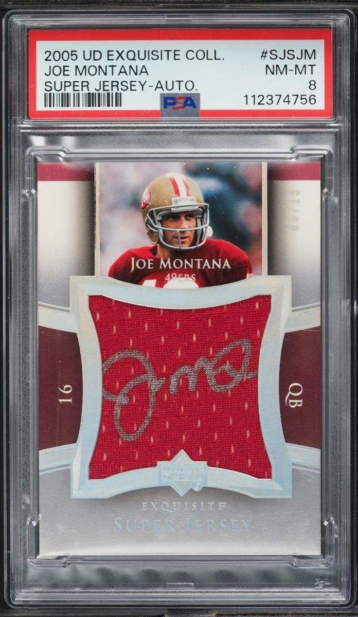 2005 Exquisite Collection Super Joe Montana PATCH AUTO /15 #SJSJM PSA 8 NM-MT