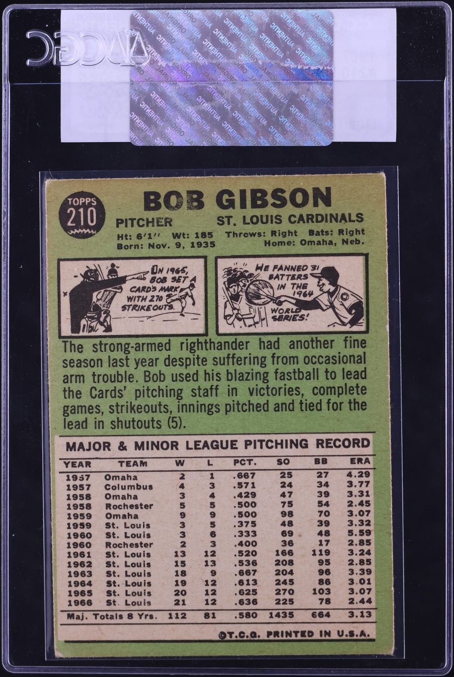 1967 Topps Bob Gibson #210 CGC AUTH