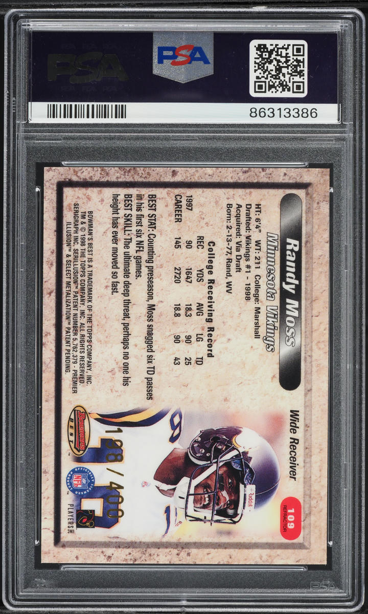 1998 Bowman's Best Refractor Randy Moss ROOKIE /400 #109 PSA 10 GEM MINT