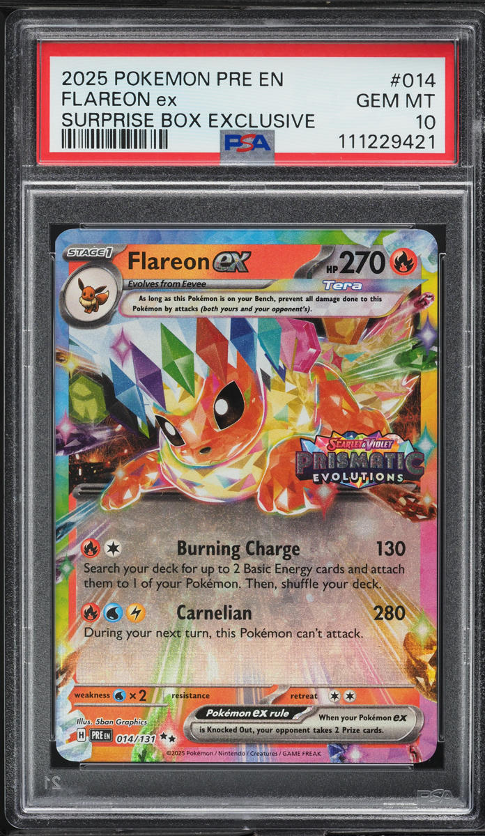 2025 Pokemon Scarlet & Violet Prismatic Evolutions Surprise Box Holo Flareon ex #14 PSA 10 GEM