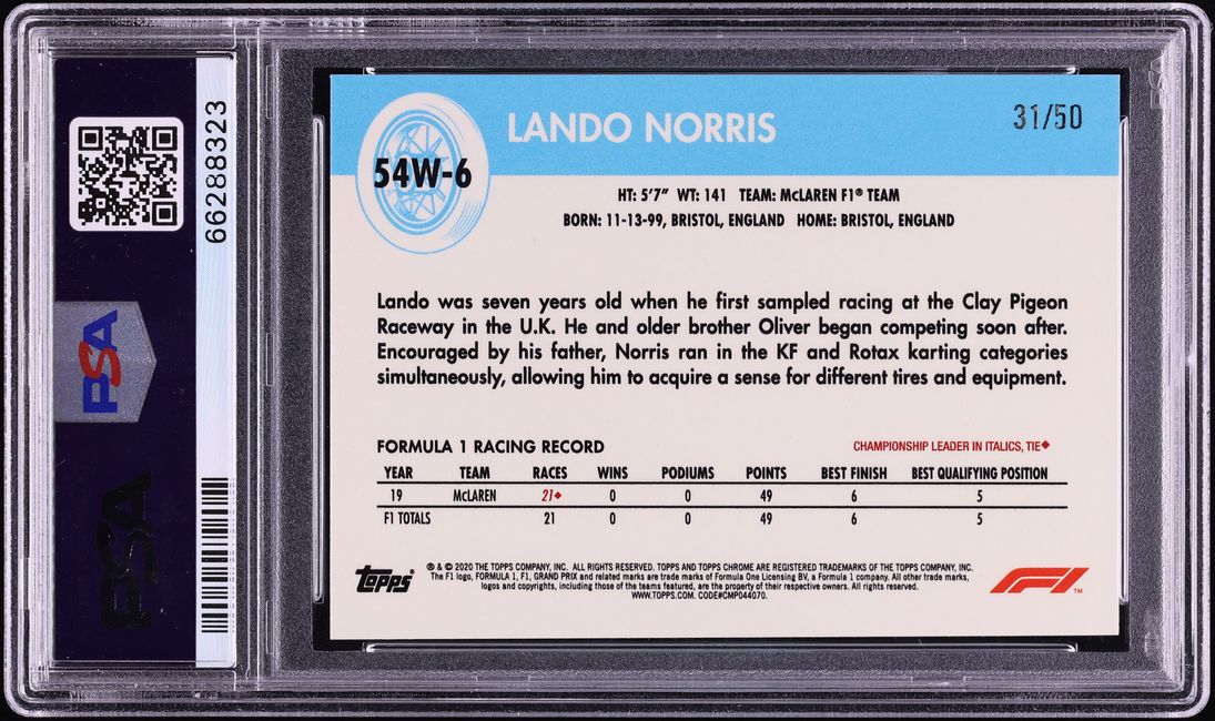 2020 Topps Chrome Formula 1 F1 '54 World Wheels Gold Refractor Lando Norris ROOKIE /50 PSA 9 - Photo 2