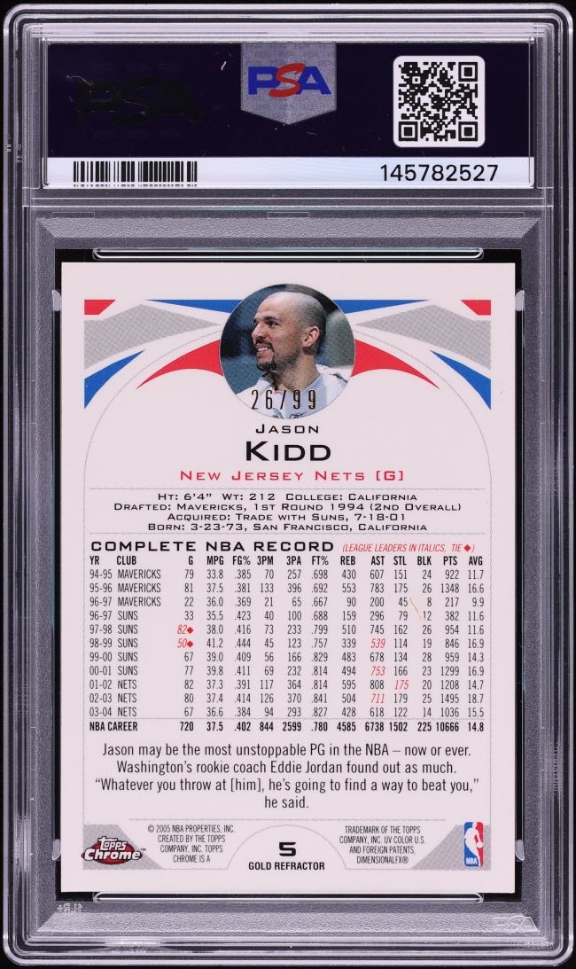 2004 Topps Chrome Gold Refractor Jason Kidd /99 #5 PSA 10 GEM MINT - Photo 2