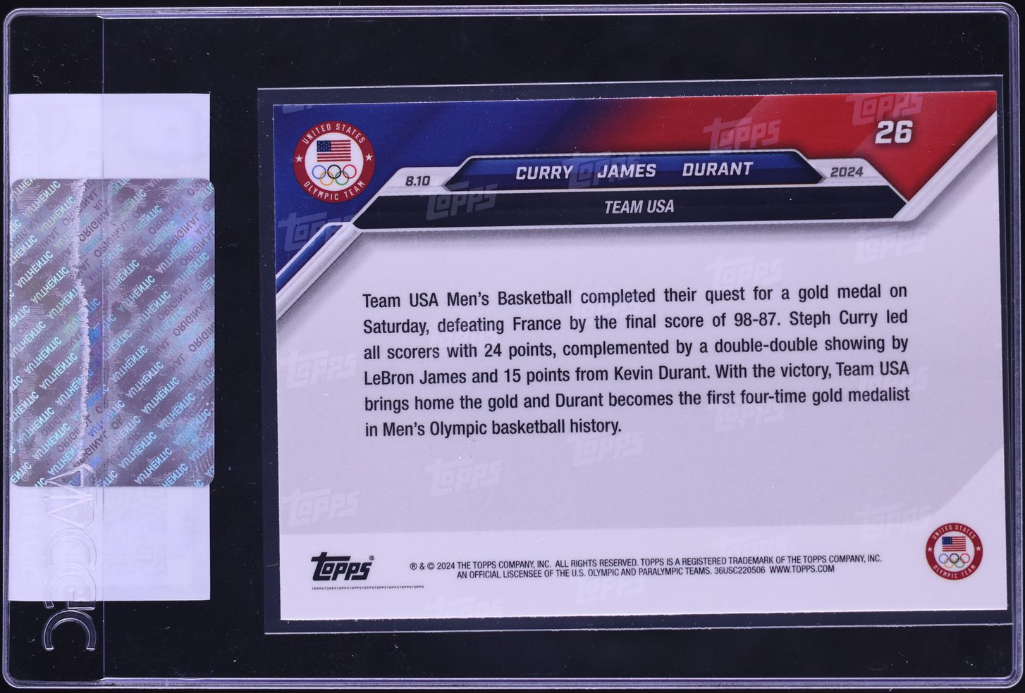 2024 Topps Now Olympic Games Stephen Curry LeBron James Durant #26 CGC AUTH