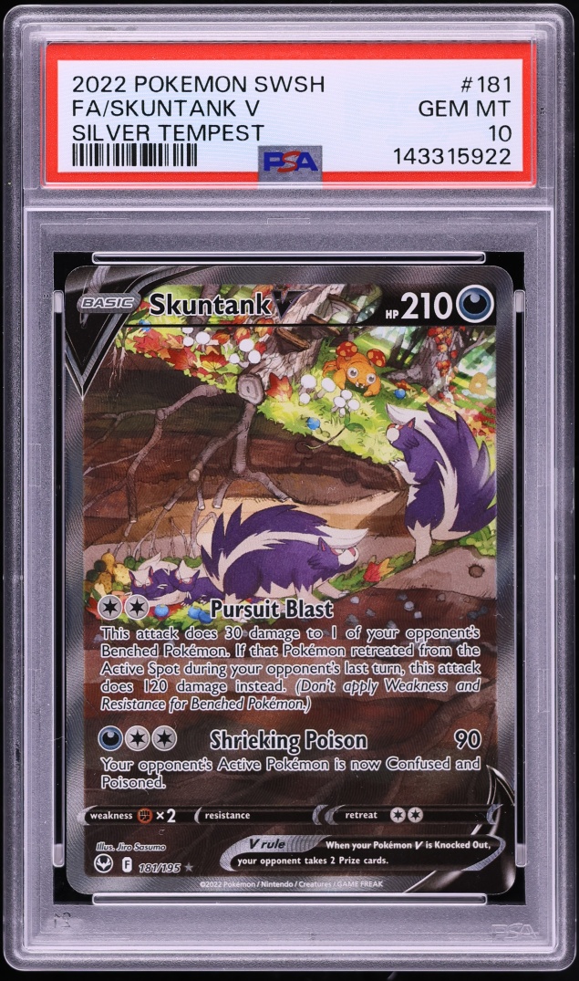 2022 Pokemon Sword & Shield Silver Tempest Full Art Skuntank V #181 PSA 10 GEM MINT