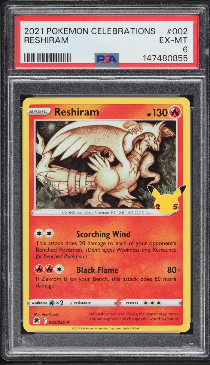 2021 Pokemon Sword & Shield Celebrations Holo Reshiram #2 PSA 6 EXMT