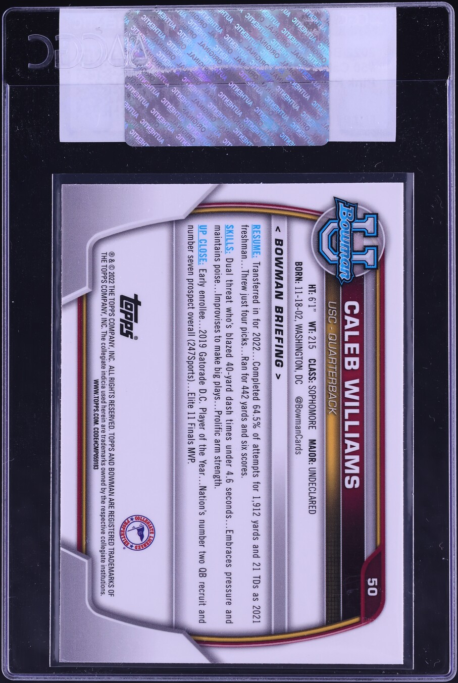2022 Bowman Chrome University Pink Refractor Caleb Williams ROOKIE #50 CGC AUTH
