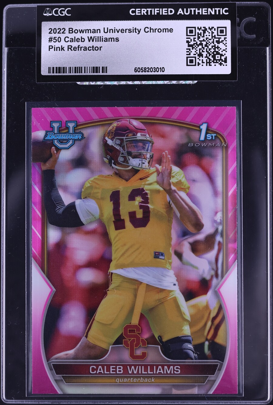 2022 Bowman Chrome University Pink Refractor Caleb Williams ROOKIE #50 CGC AUTH