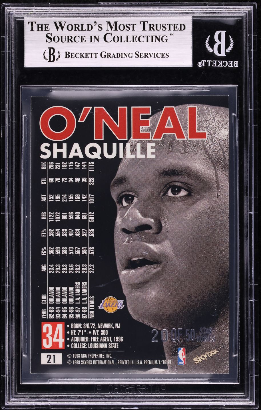 1998 Skybox Premium Star Rubies Shaquille O'Neal /50 #21 BGS 9 MINT