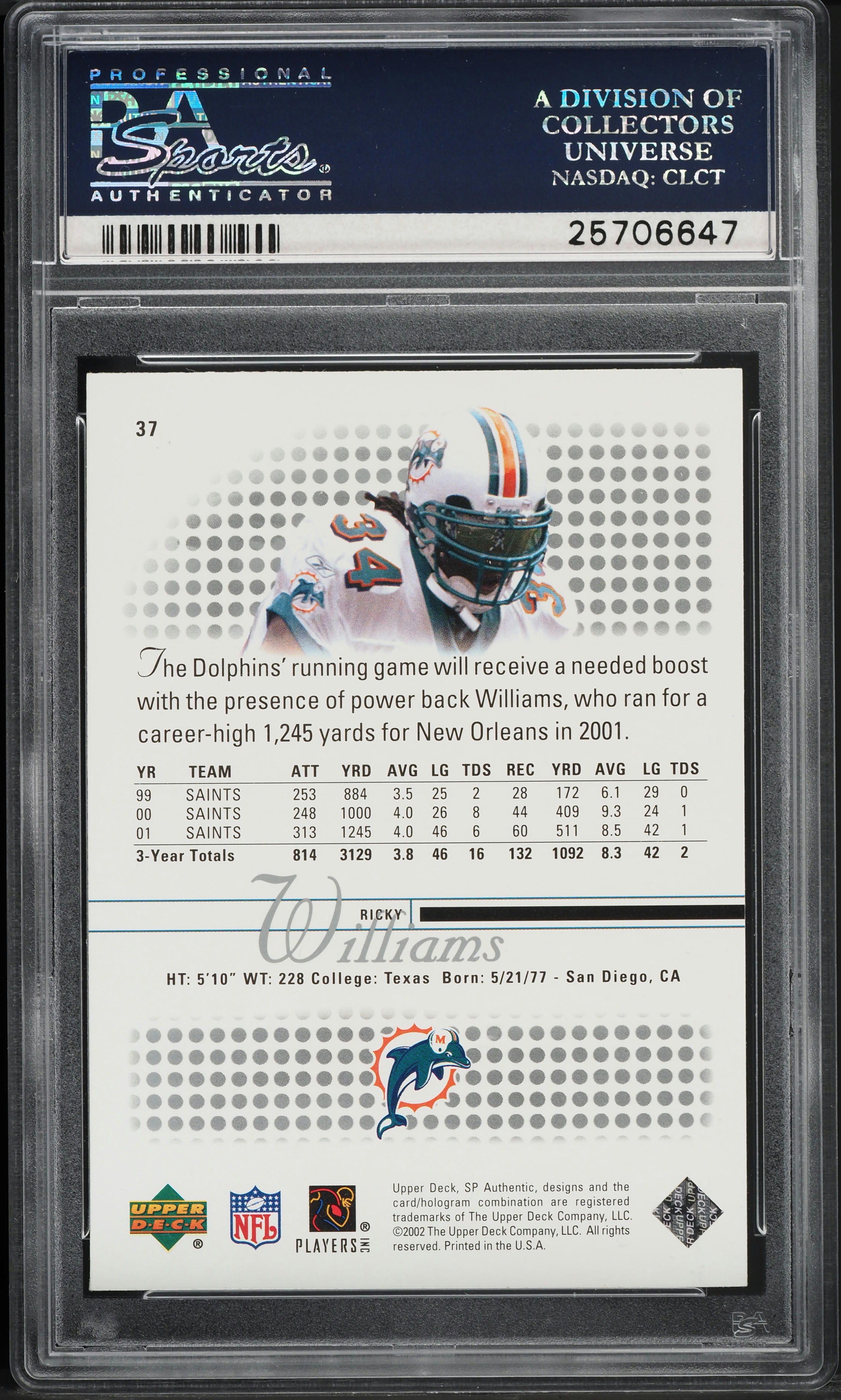2002 SP Authentic Ricky Williams #37 PSA 10 GEM MINT