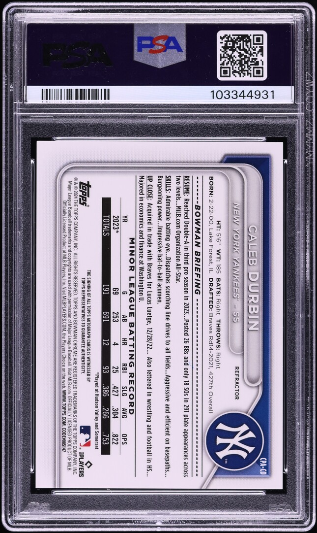 2024 Bowman Chrome Refractor Caleb Durbin PROSPECT AUTO /499 #CPA-CD PSA 10 GEM MINT