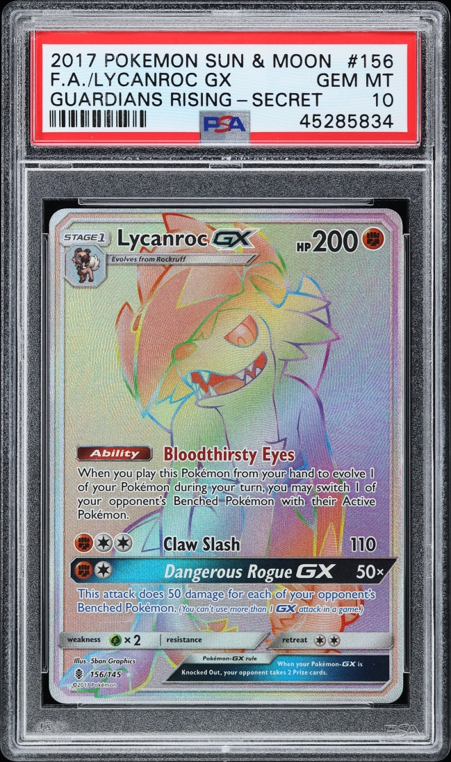 2017 Pokemon Sun & Moon Guardians Rising Rainbow Rare Lycanroc GX #156 PSA 10 GEM MINT