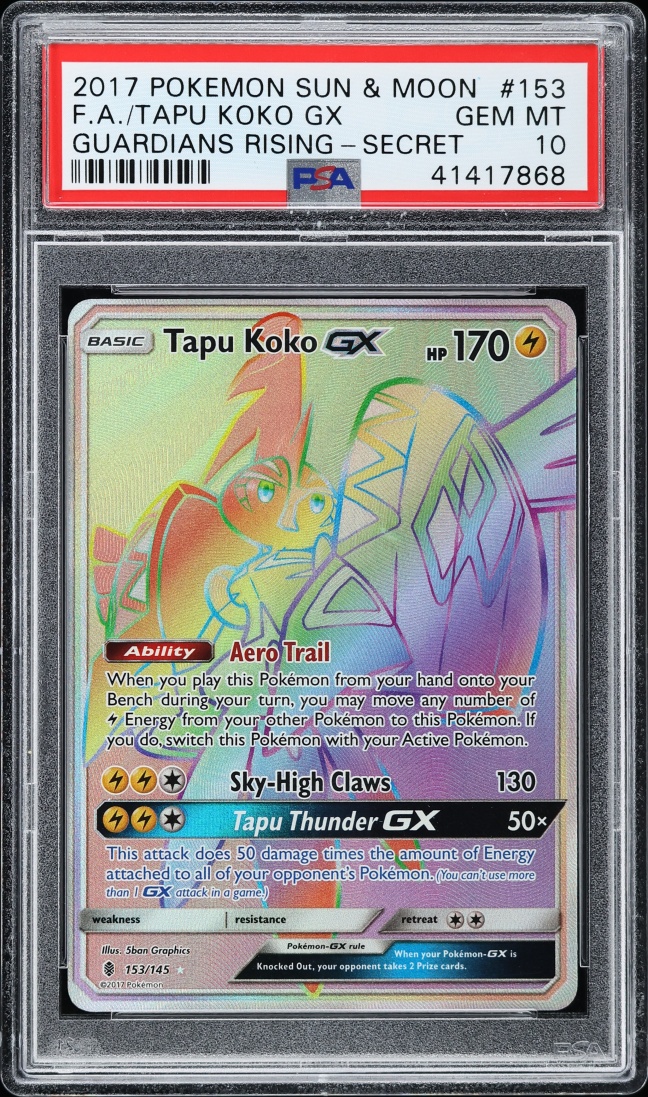 2017 Pokemon Sun & Moon Guardians Rising Rainbow Rare Tapu Koko GX #153 PSA 10 GEM MINT