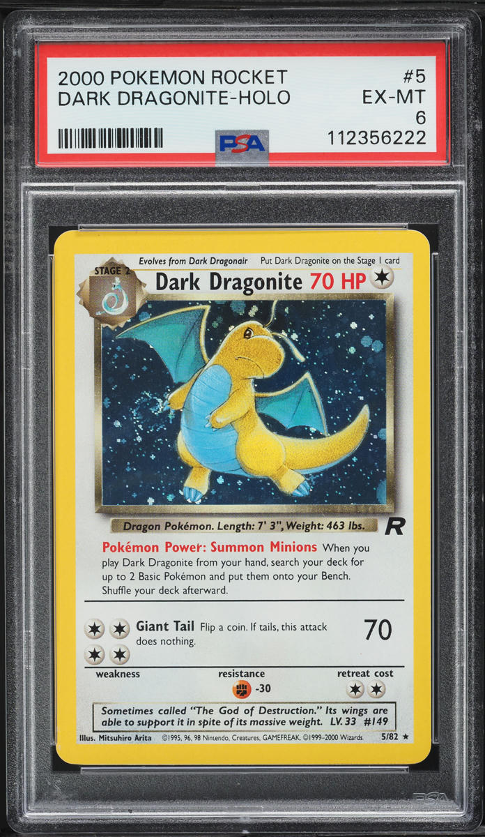 2000 Pokemon Team Rocket Swirl Holo Dark Dragonite #5 PSA 6 EXMT