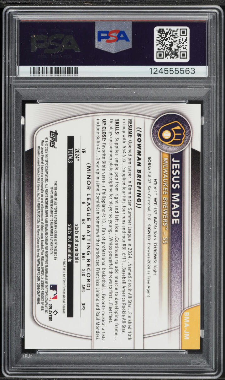 2025 Bowman Chrome Mega Box Gold Refractor Jesus Made PROSPECT AUTO DNA 10 /50 PSA 10 GEM MINT