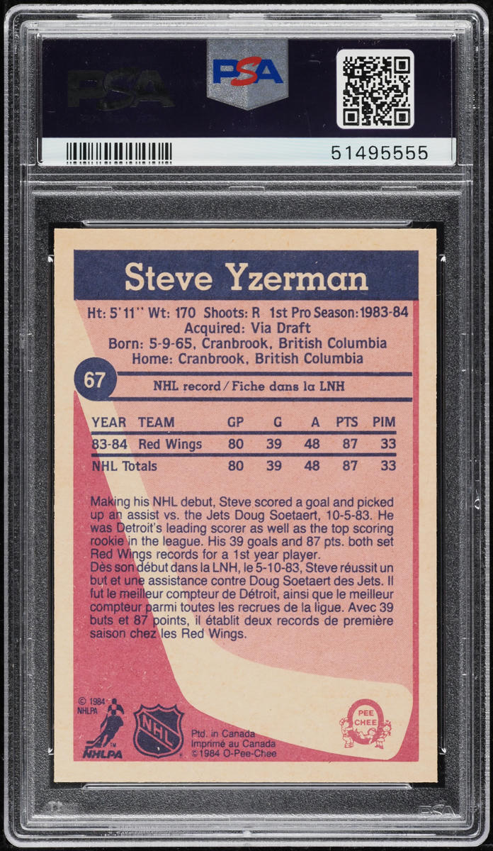 1984 O-Pee-Chee Hockey Steve Yzerman ROOKIE AUTO DNA 9 #67 PSA 10 GEM MINT