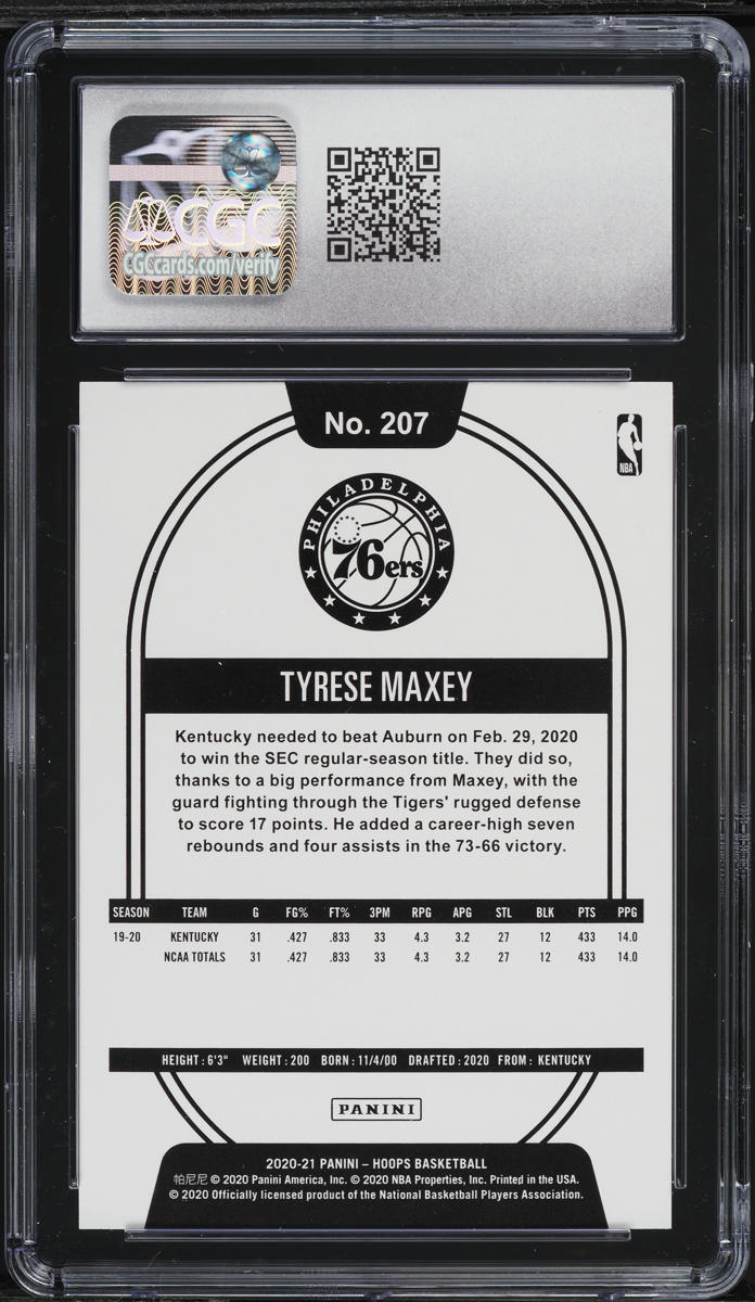 2020 Hoops Tyrese Maxey ROOKIE #207 CGC 10 GEM MINT