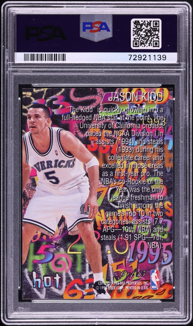 1995 Flair Hot Numbers Jason Kidd #6 PSA 10 GEM MINT - Photo 2