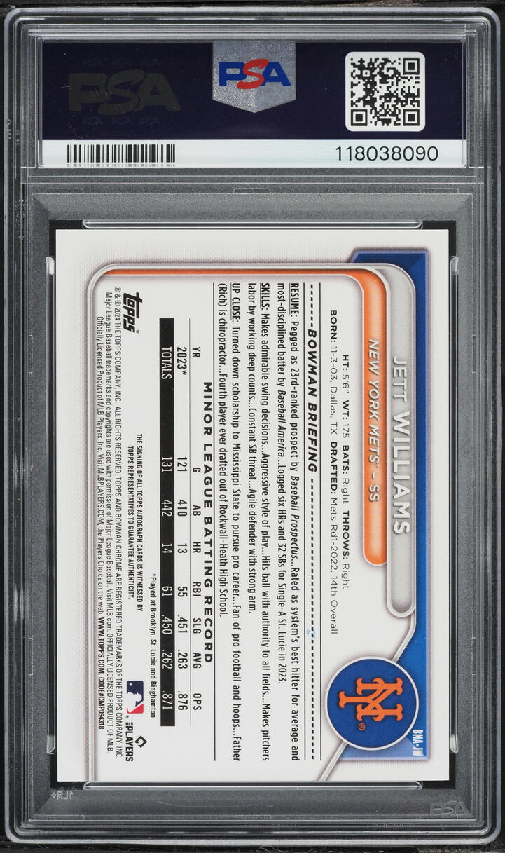 2024 Bowman Chrome Mega Box Jett Williams PROSPECT AUTO #JW PSA 10 GEM MINT