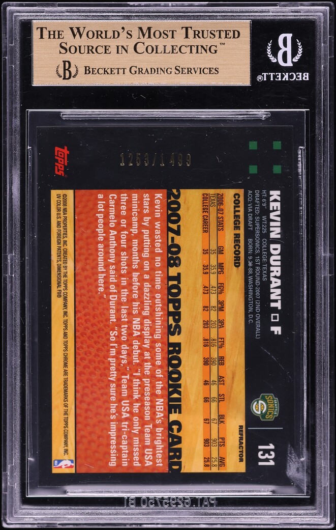2007 Topps Chrome Refractor Kevin Durant ROOKIE /1499 #131 BGS 10 PRISTINE