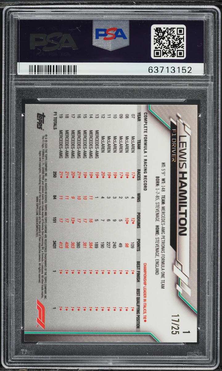 2020 Topps Chrome Formula 1 F1 Sapphire Orange Lewis Hamilton /25 #1 PSA 8 NM-MT