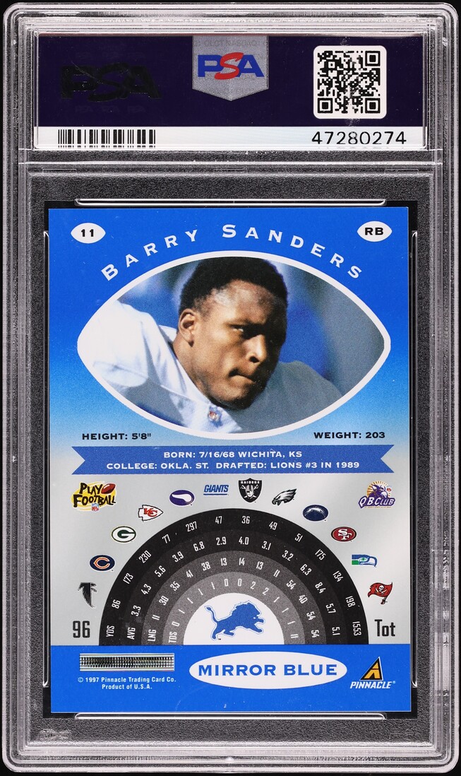 1997 Pinnacle Certified Mirror Blue Barry Sanders #11 PSA 8 NM-MT