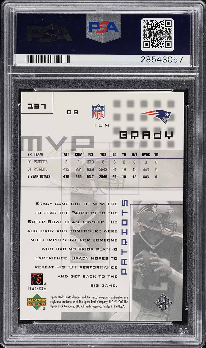 2002 Upper Deck MVP Silver Tom Brady /100 #137 PSA 9 MINT
