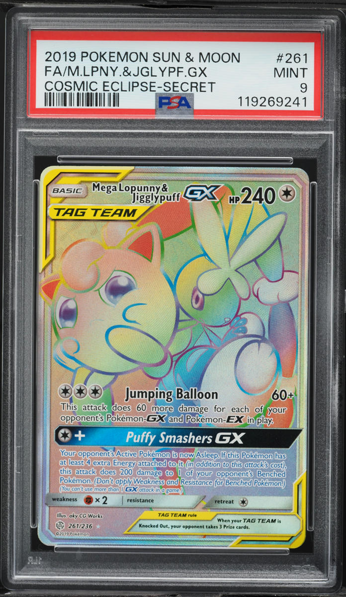 2019 Pokemon SM Cosmic Eclipse Rainbow Rare Mega Lopunny & Jigglypuff GX #261 PSA 9 MINT