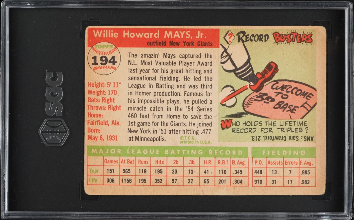1955 Topps Willie Mays #194 SGC 3 VG