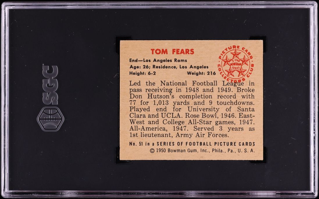 1950 Bowman Football Tom Fears ROOKIE #51 SGC 5.5 EX+