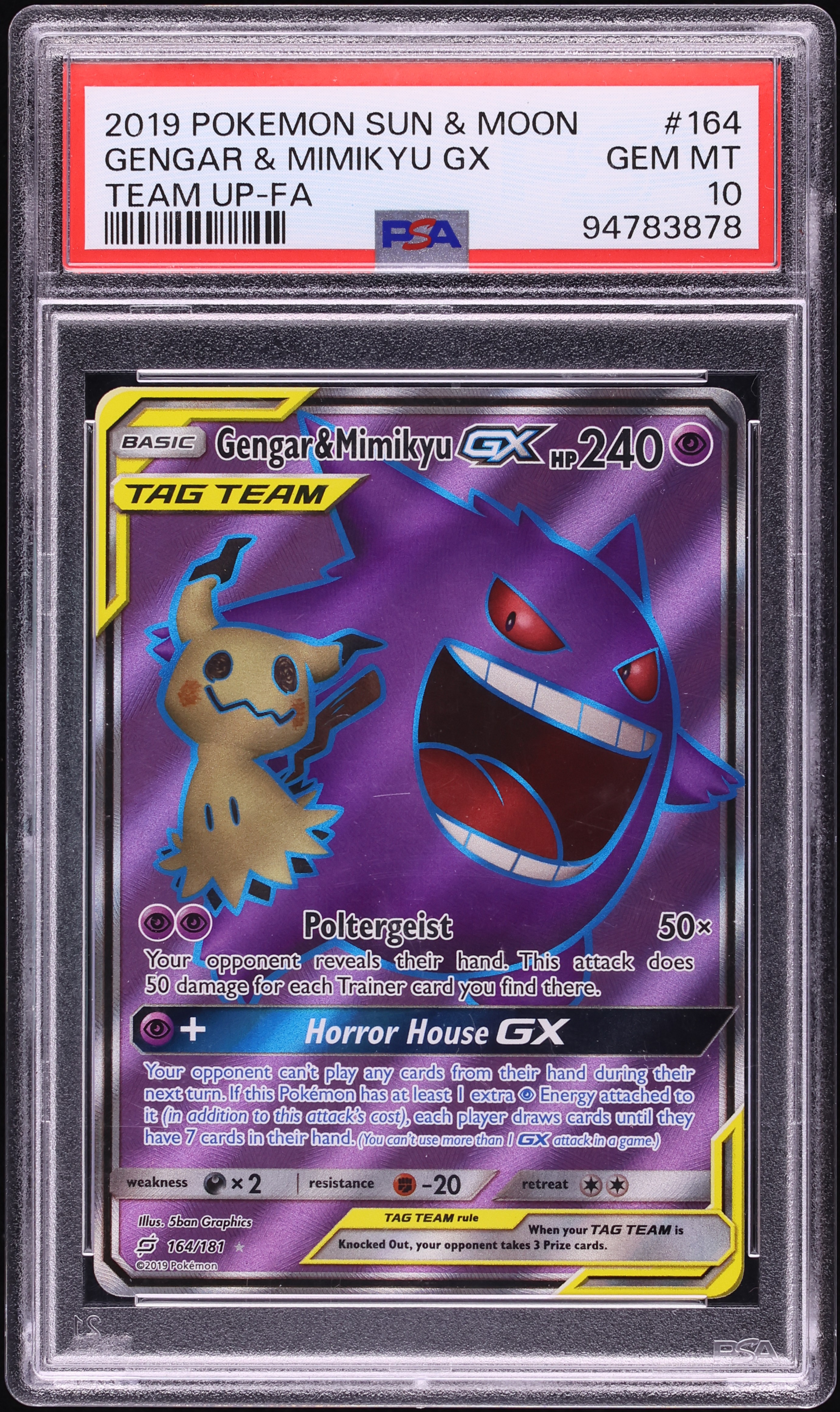 2019 Pokemon Sun & Moon Team Up Full Art Gengar & Mimikyu GX #164 PSA 10 GEM MINT