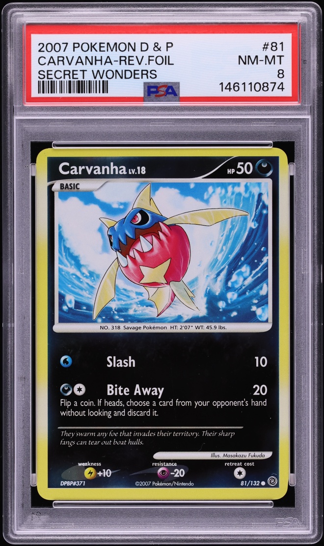 2007 Pokemon Diamond & Pearl Secret Wonders Reverse Holo Carvanha #81 PSA 8 NM-MT