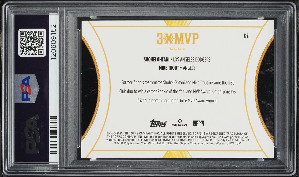 2025 Topps Welcome To The Club 3x MVP Dual Green Foil Ohtani Trout /99 #D2 PSA 9 MINT