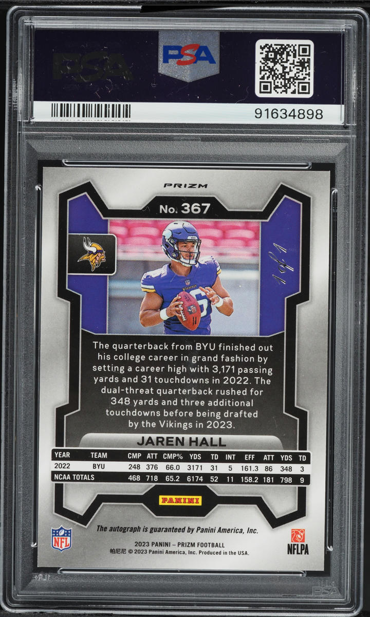2023 Panini Prizm White Sparkle Jaren Hall ROOKIE AUTO 1/1 #367 PSA 9 MINT