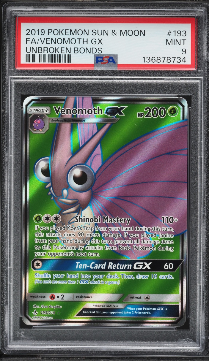 2019 Pokemon Sun & Moon Unbroken Bonds Full Art Venomoth GX #193 PSA 9 MINT