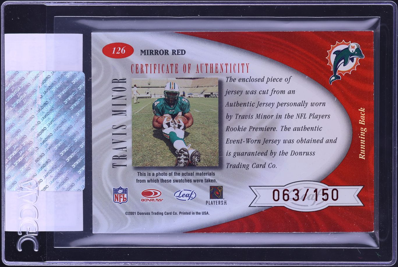 2001 Leaf Certified Freshman Fabrics Mirror Red Travis Minor RC PATCH AUTO /150 #126 CGC AUTH