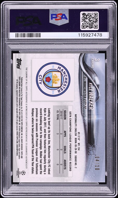 2017 Topps Chrome UEFA Red Refractor Kyle Walker AUTO /10 #3 PSA 10 GEM MINT