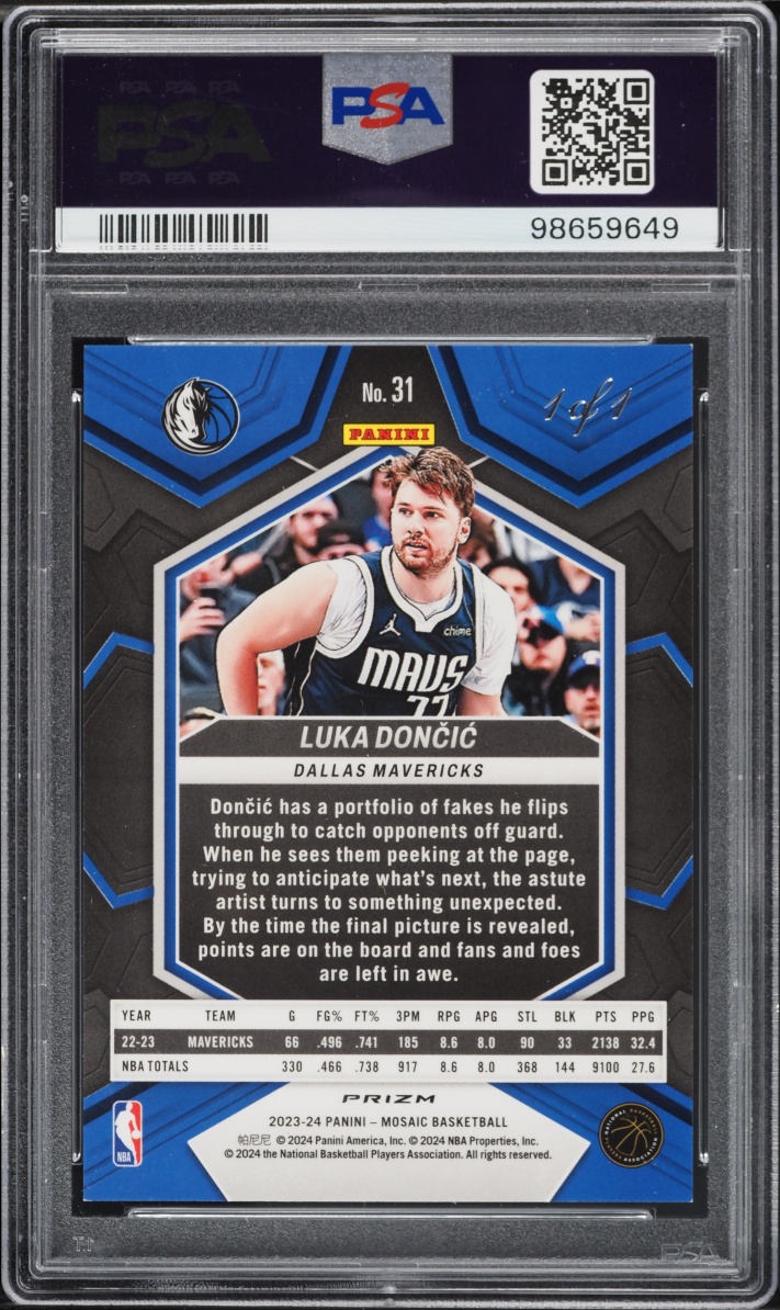 2023 Panini Mosaic Black Luka Doncic 1/1 #31 PSA 8 NM-MT