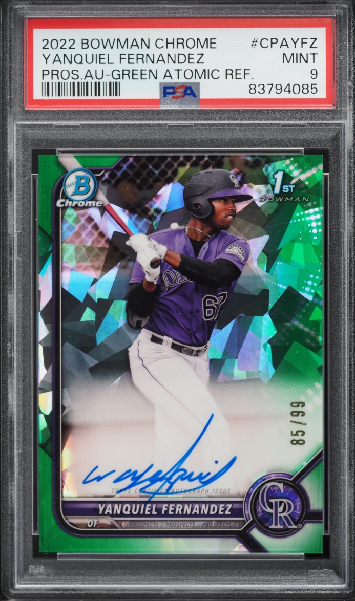 2022 Bowman Chrome Green Atomic Refractor Yanquiel Fernandez PROSPECT AUTO /99 #CPA-YFZ PSA 9