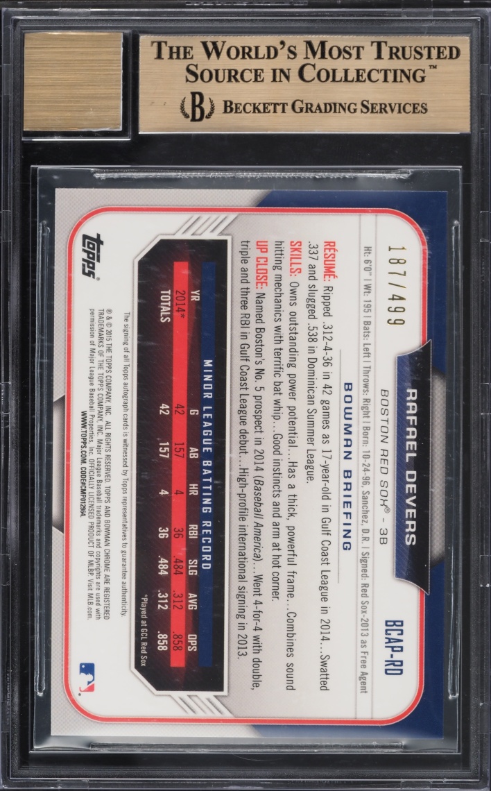 2015 Bowman Chrome Refractor Rafael Devers PROSPECT AUTO /499 #BCAP-RD BGS 9.5 GEM MINT