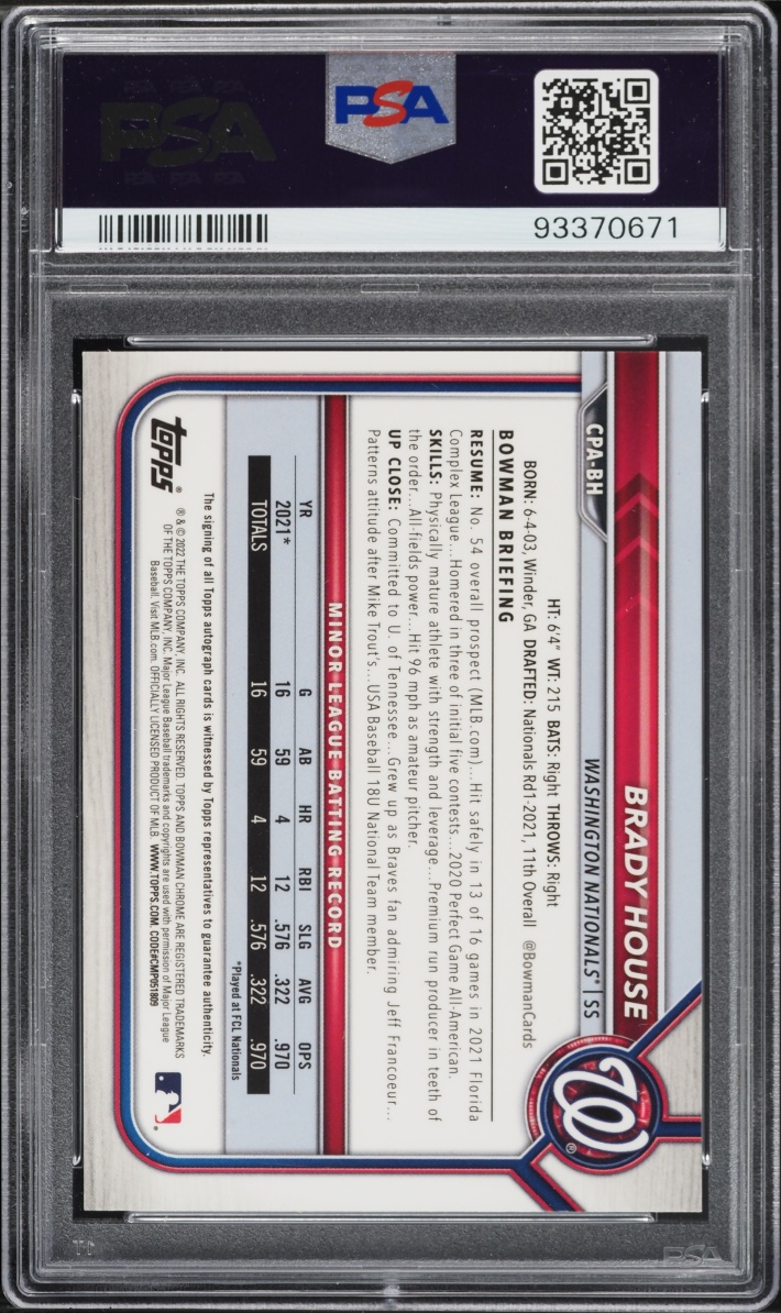 2022 Bowman Chrome Gold Shimmer Refractor Brady House PROSPECT AUTO /50 #CPA-BH PSA 10 GEM MINT