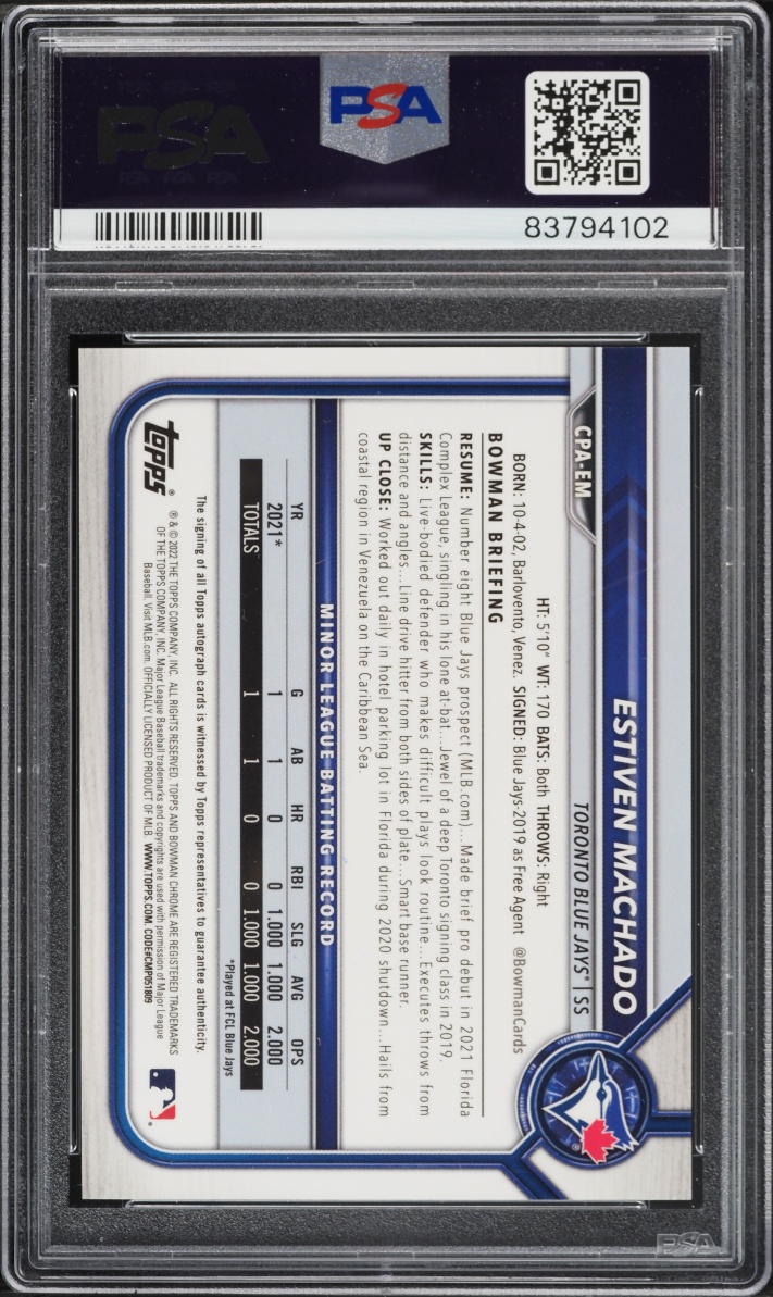 2022 Bowman Chrome Gold Shimmer Refractor Estiven Machado PROSPECT AUTO /50 #CPA-EM PSA 10 GEM